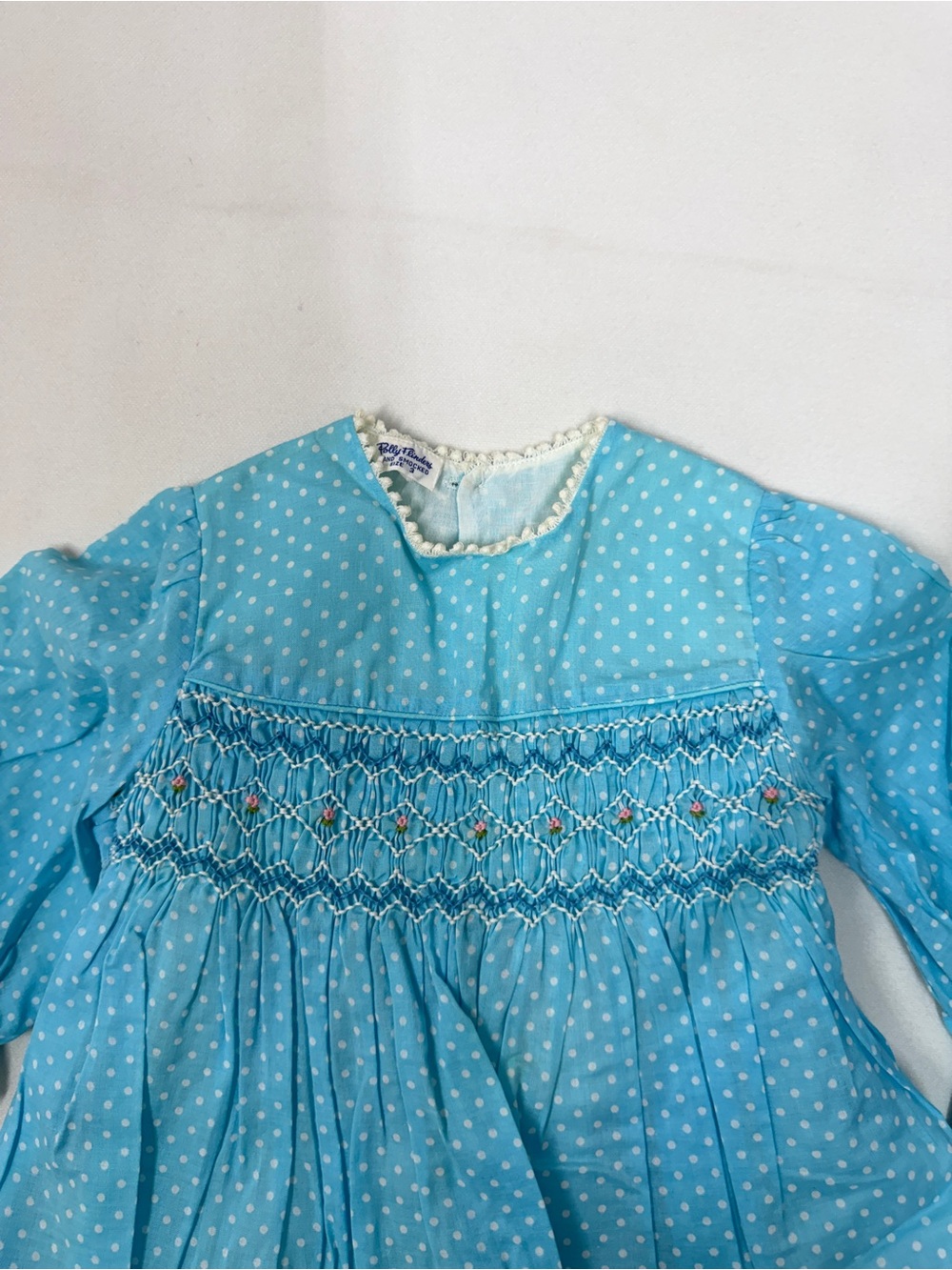 Polly Flinders Girls Vintage Hand Smocked Polka Dot Dress Blue Size 3 Picot Trim - Picture 4 of 9